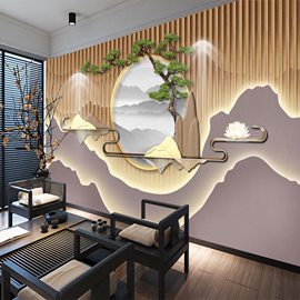新中式客厅电视背景墙布轻奢养生茶馆壁纸简约现代山水办公室壁画