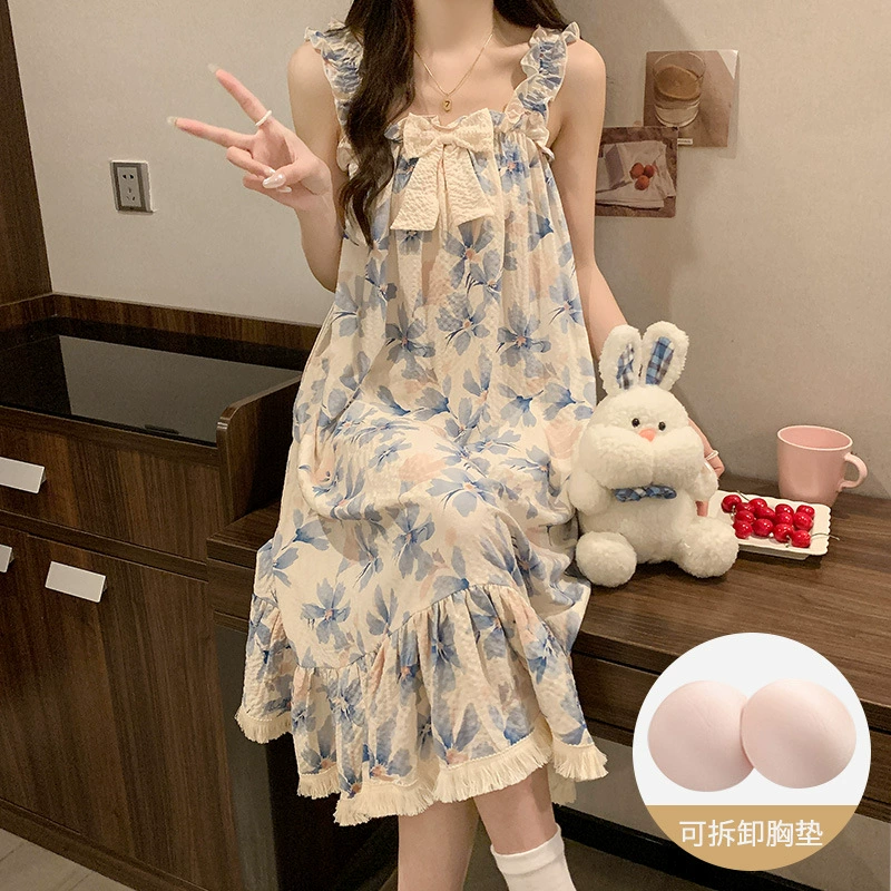 2025 Net красный новый пузырьковый ремень с бантом ночная юбка женская летняя сладкая милая зеленая пижама можно носить на улице