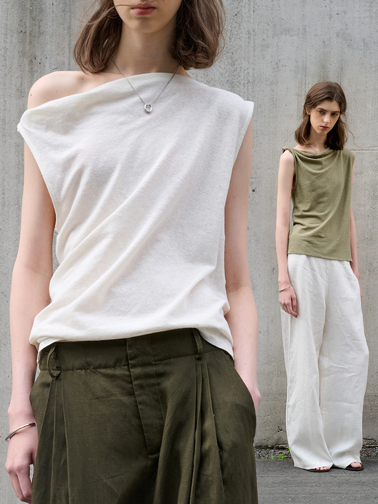 不規則な一字露肩亜麻tシャツ女性夏高級デザイン感袖なし上着修身綿麻ニットベスト