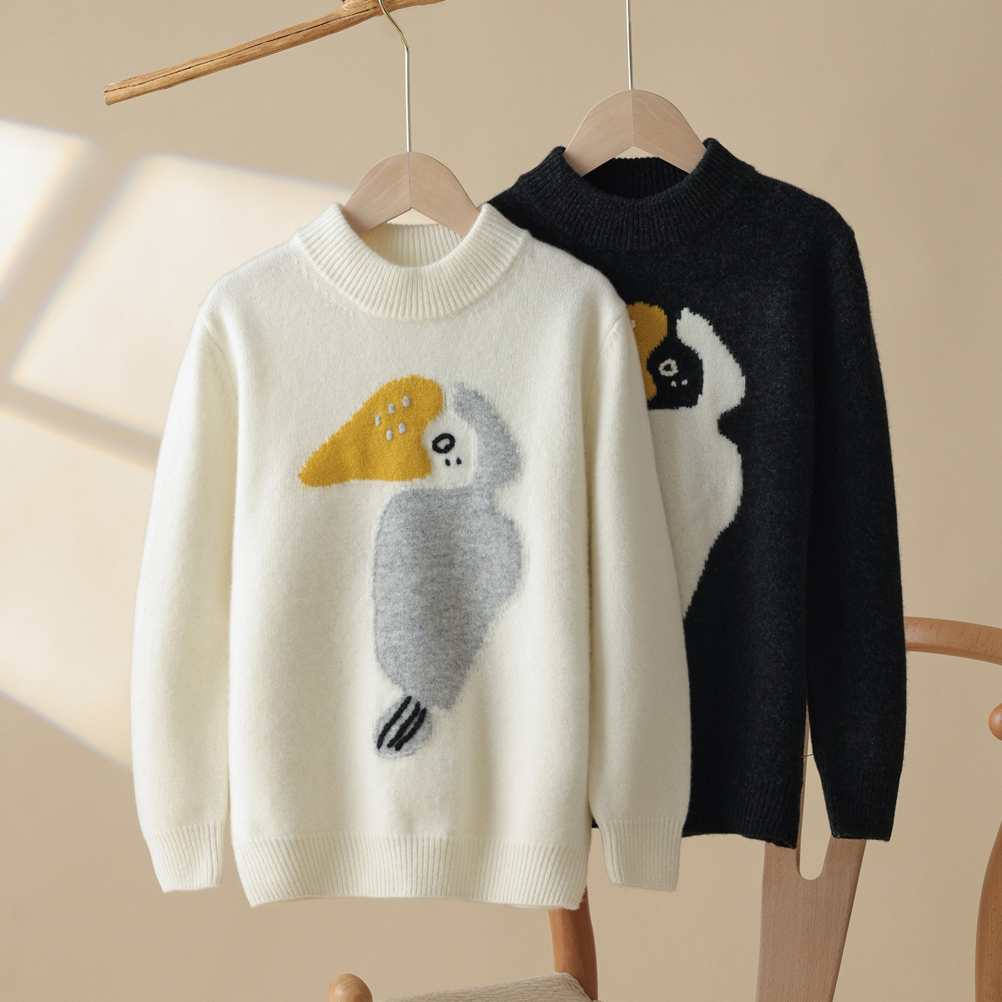 [100% Wool] Children's Sweater, Boys and Girls, High Neck, Thick Jacquard Knit Sweater, Cartoon Base Layer Cashmere Sweater