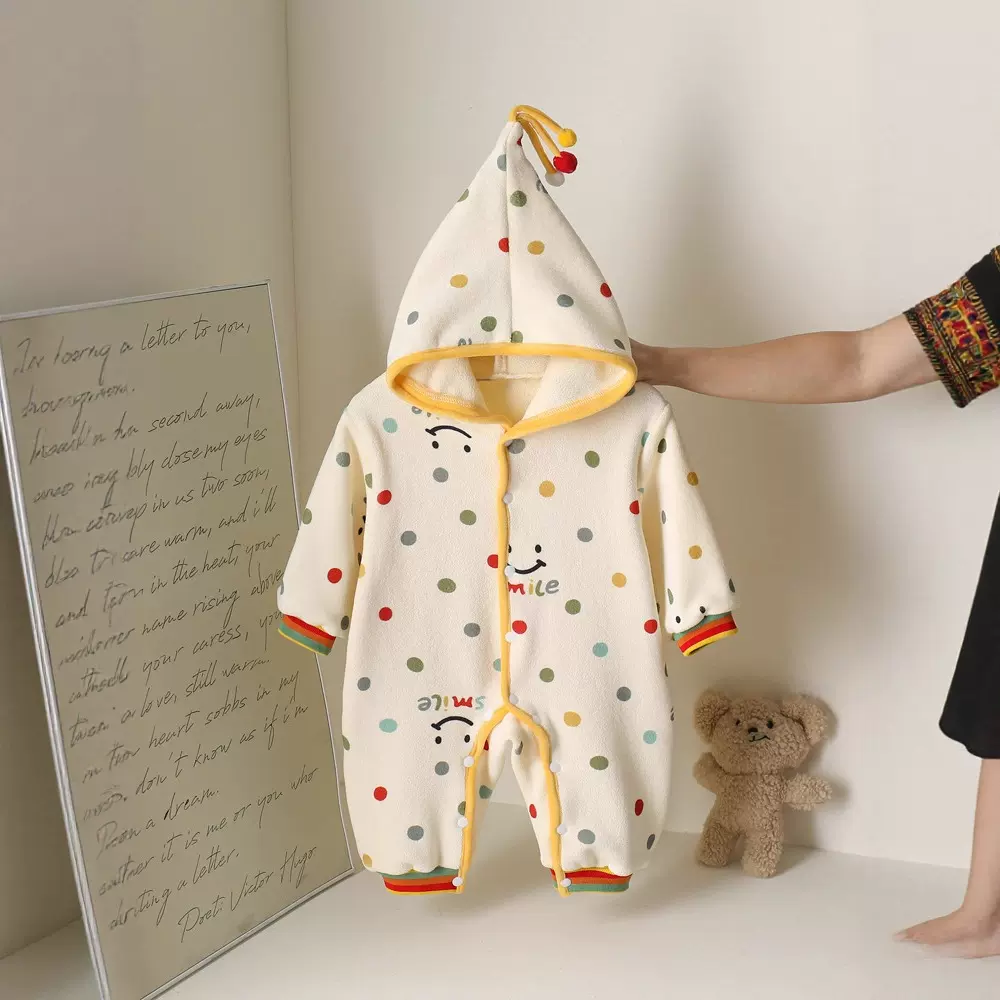 婴幼儿秋冬连体衣可爱笑脸双面奥粒绒爬服暖色保暖外出服拍照出片
