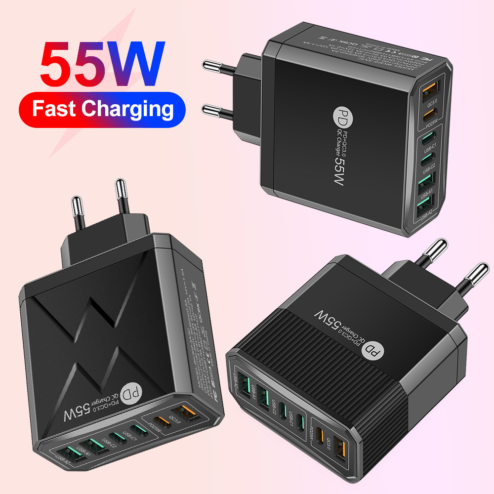 Six-Port mobile phone charger standard PD55WQC3.0 multi-U Port fast charging charger European standard American standard British Standard series