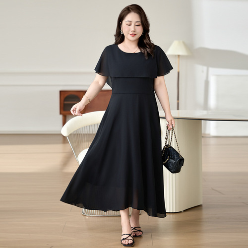 Plus-size women's open-neck chiffon long dress 2025 new summer dress women, slimming chiffon large swing 8630