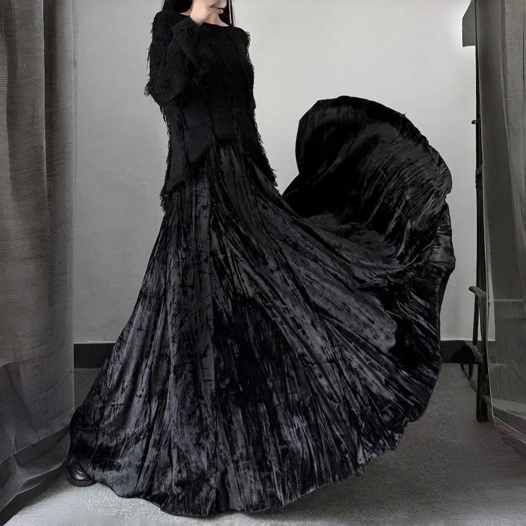 Hip-Covering Long Skirt, Autumn and Winter New Slimming Look and Thickeneded Chinese Style High-Waisted Umbrella Skirt with Large Skirt and Long Velvet Skirt for Women