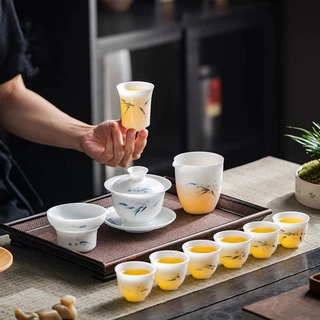 玩物尚置釉下手绘冰种玉瓷高档功夫茶具套装盖碗茶杯高档礼盒装