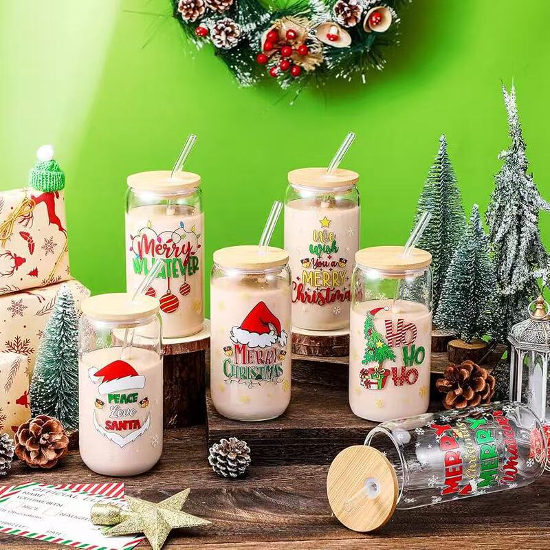 Cross-Border New Christmas Trendy Cola Cup 16oz High Borosilicate Glass Mason Jar Beverage Juice Straw Cup