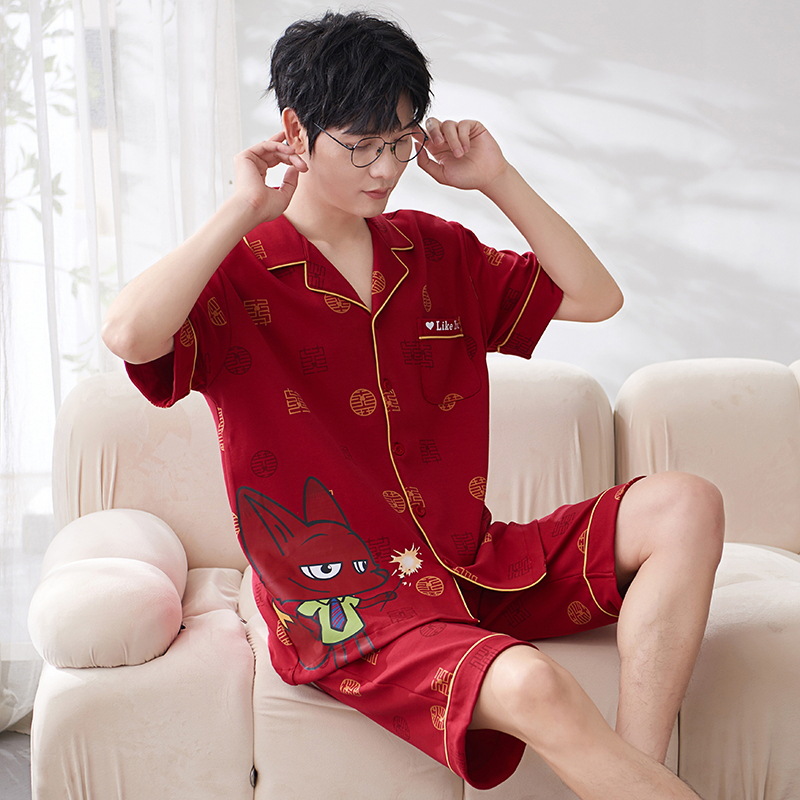 Pijamas de boda para recién casados 2025 para hombre, conjunto de verano de algodón puro de manga corta y pantalones cortos, holgado, rojo brillante, para el hogar, con diseño del año del zodiaco