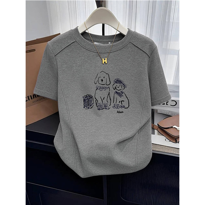 Niche Design Aesthetic Straight-Shoulder Pure Cotton Short-Sleeve T-Shirt for Women, Slim Fit, Lightweight Gray Top for Spring and Summer