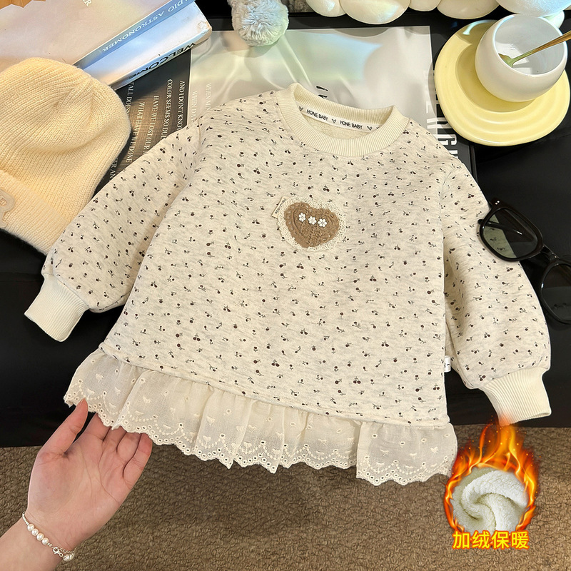Girls' New Autumn and Winter Thickened Base Shirt, Baby Girl's Lace-Trimmed Sweatshirt, Children's Autumn Top, Trendy Children's Clothing Girls' New Autumn and Winter Thickened Base Shirt, Baby Girl's Lace-Trimmed Sweatshirt, Children's Autumn Top, Trendy Children's Clothing