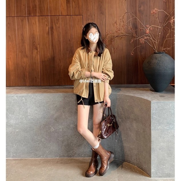 【葡萄妈】女团靴~水洗马纹褶皱厚底切尔西弹力马丁短靴女烟筒靴|undefined