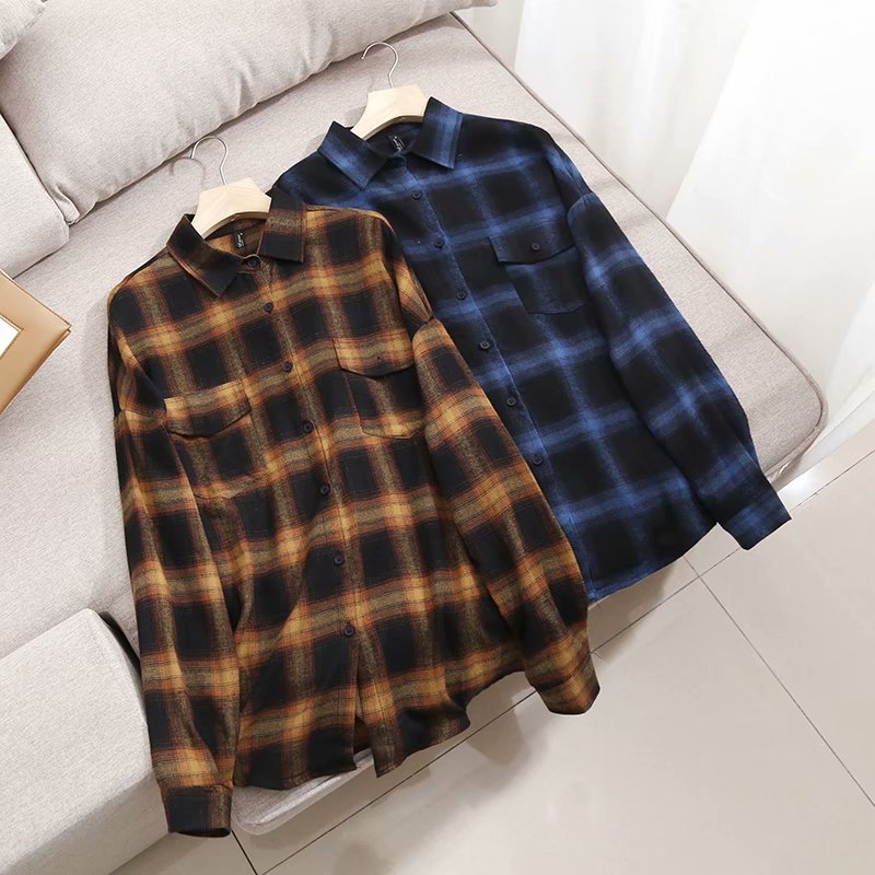 plaid lapel loose shirt  NSAM46202