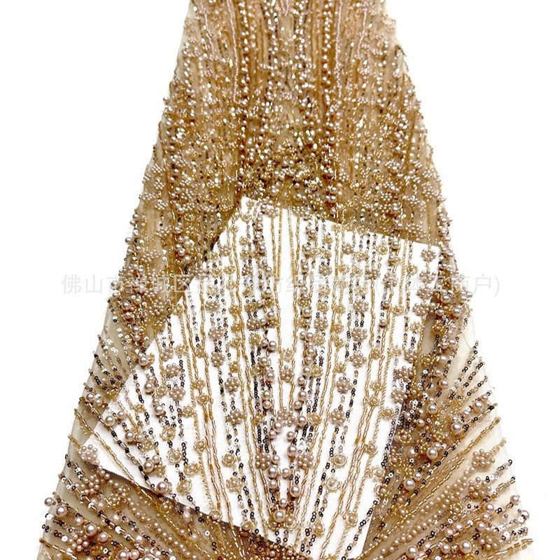 Radiante ventilador tubo perla tela de malla de perla retrógrada mano perla tela de boda de cola de pez en stock