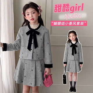 2026新款韩系女童小香风加绒加厚套装裙小女孩蝴蝶结名媛风两件套