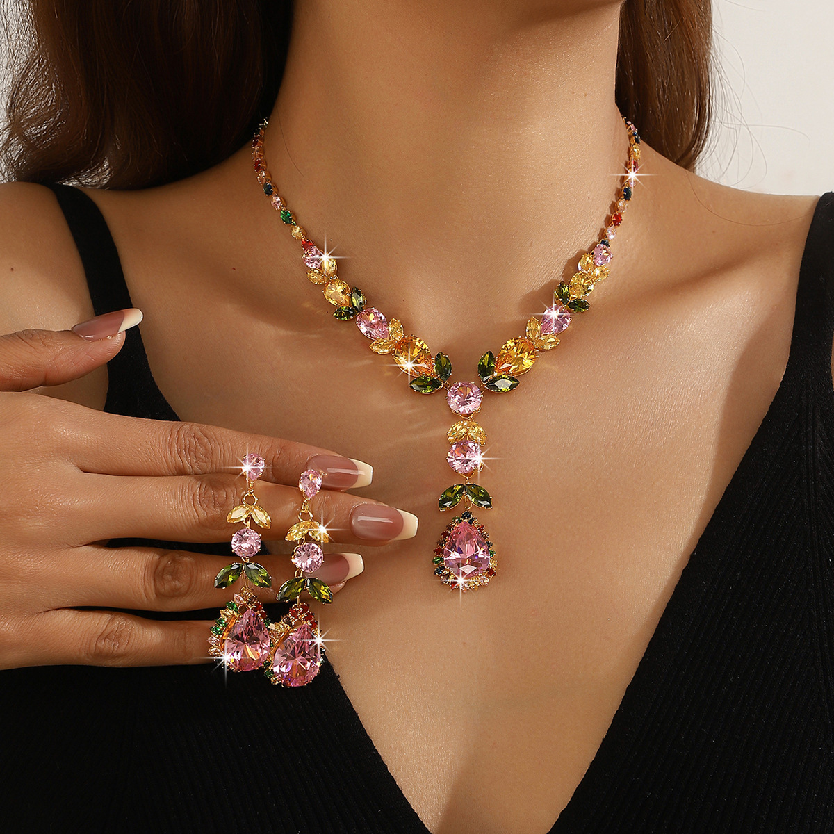 Collar de color de la industria pesada amazona orejas joyas set de moda de lujo vestido de novia cena joyas de zircon mujer image 3
