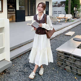 实拍2024秋季款法式温柔风气质连衣裙两件套女马甲套装裙子炸街潮