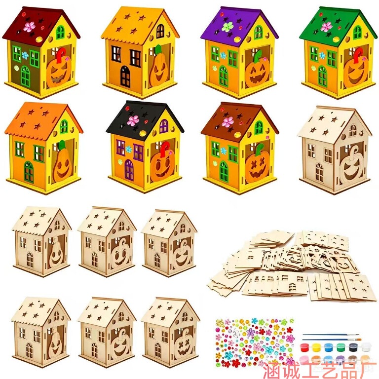 Cross-Border Halloween Wooden Pumpkin House Decorations, Kidsren's DIY 3D Painted Pumpkin House Home Wooden Crafts