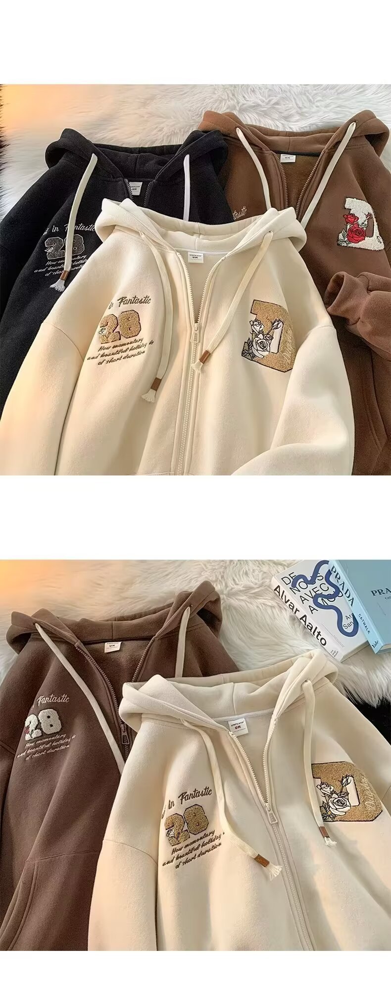 Felpa con cappuccio e cerniera retrò – Felpa unisex oversize con grafica anime (beige/marrone/nero, S-3XL)_voghion.com
