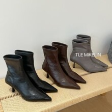 设计感尖头细跟套筒瘦瘦靴及踝靴女2025冬季新款复古高跟软皮短靴