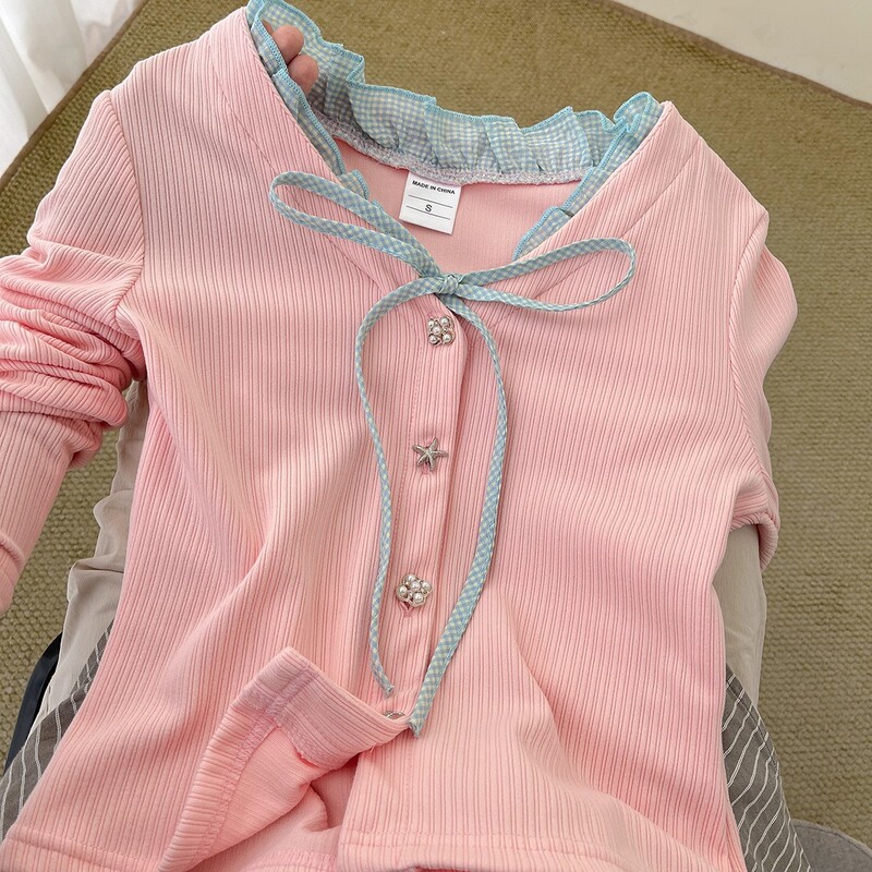 Dopamine Outfit! Early Autumn Unique and Super Nice Tops for Women with Lace Splicing and Slim Fit Outer T-Shirts for Women