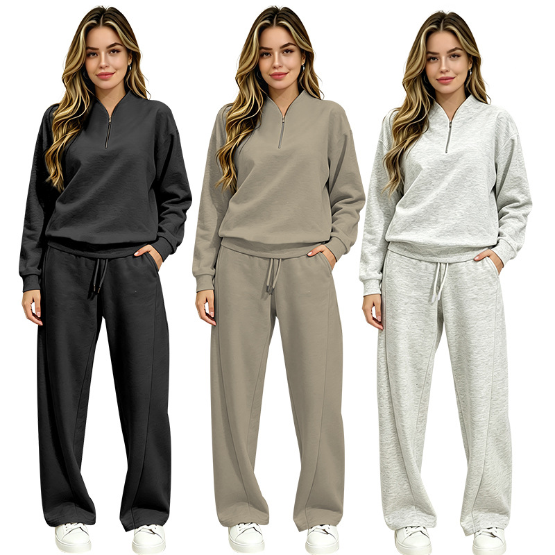 Women's Clothing Women's Fashionable Long Sleeved Sweatshirt Casual Trousers Set Style Autumn Half Open Collar Solid Color Loose Fit_ecoleips.com