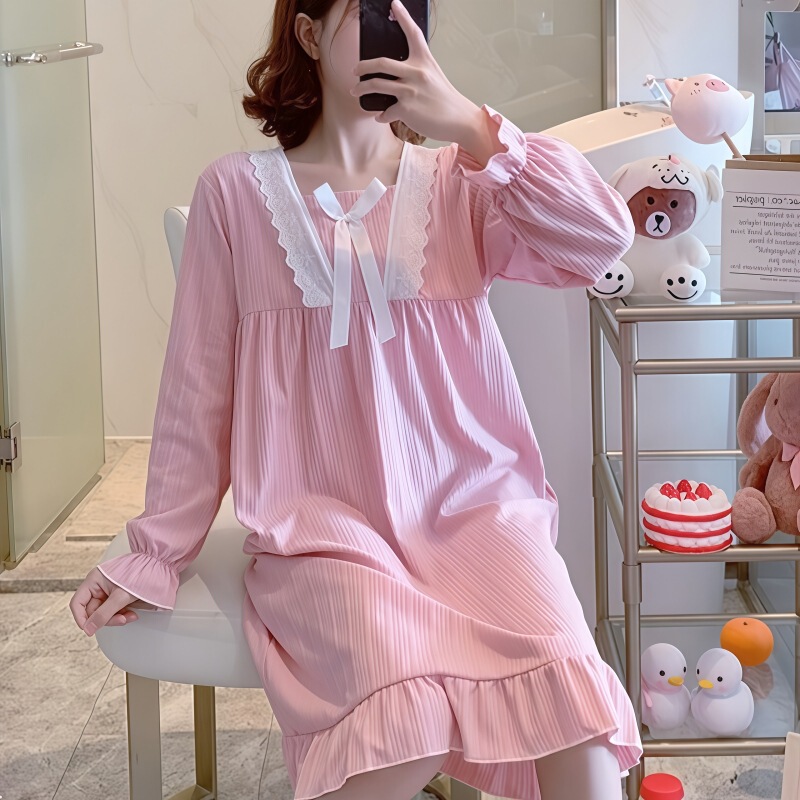 Long-Sleeved Ins-Style Nightgown for Women, Autumn 2026 New Pure Desire Style Long Over-The-Knee Dress, Pajamas, Loungewear