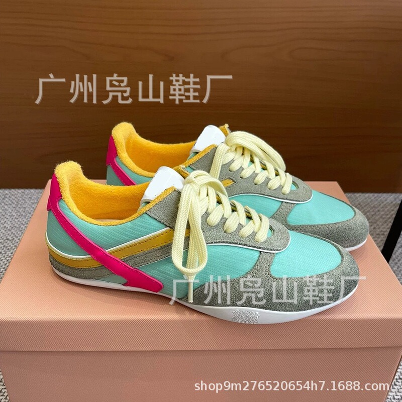 Miu Color Matching Moral Training Shoes for Women 2025 New Genuine Leather Breathable Casual Sports Shoes Flats Bottom Versatile Running Forrest Gump Shoes