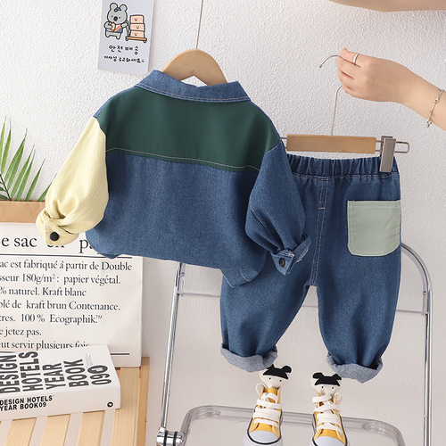 Men's Fall Trend Korean Style Medium Child Baby Kids Long Sleeve Set Denim Collar Two-Piece Set New Wholesale