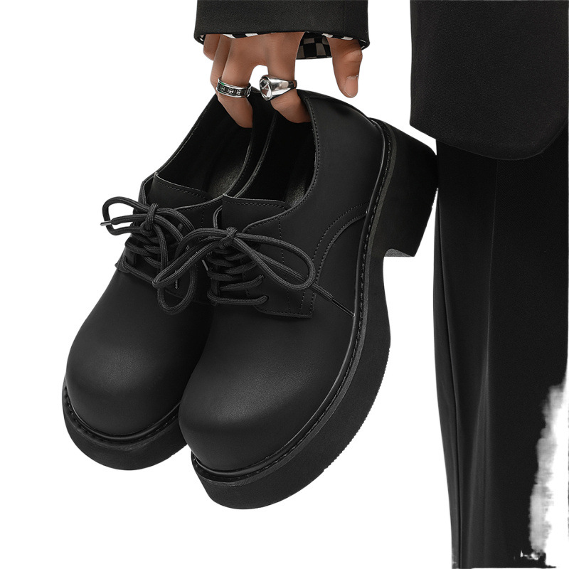ShoeVault Round Toe Derby For Men Winter Casual Chunky Couple Thick Sole Height Increasing Black Matte British Leather Shoes_voghion.com