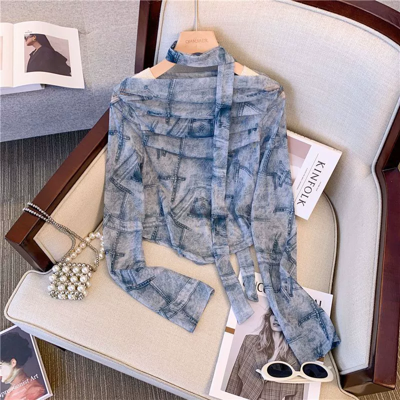 Французский ретро chic пятнистая женская весна и осень новая сладкая горячая девушка с длинными рукавами нерегулярный складчатый дизайн топ