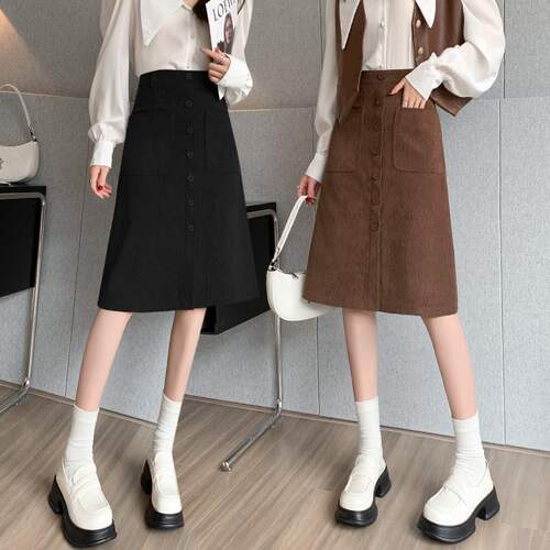 Corduroy half skirt for women in spring and autumn and winter new high-waisted long skirt a-line skirt