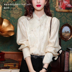 女新中式盛邦春秋季衬衣立领衬衫雪纺上衣荣新款国风复古杏