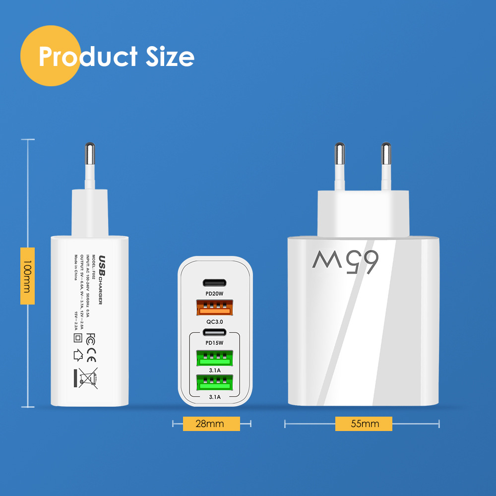 Transfronterizo 65W cargador europeo y americano británico estándar multi-Puerto teléfono móvil carga cabeza PD20w + 2A enchufe tipo-C adaptador