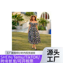 Y2跨境亚马逊欧美 2026 荷叶边袖缩褶背心裙飘逸婚礼宾客长裙
