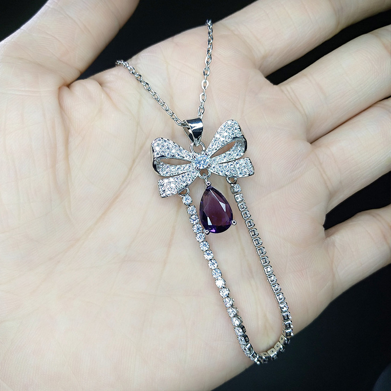 Sweet Water Droplets Bow Knot Copper Inlay Zircon Necklace 1 Piece