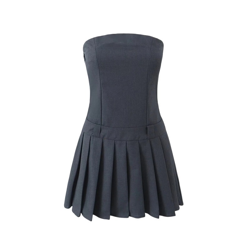 Strapless tube top dress women's niche retro spicy slim fit pleated mini A- line pleated skirt summer