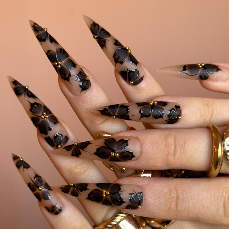 High-End Long Pointed Wide Nude Color Hand-Painted Flower Nail Tips, Cross-Border Hot-Selling Detachable Fake Nails, Nail Art Stickers High-End Long Pointed Wide Nude Color Hand-Painted Flower Nail Tips, Cross-Border Hot-Selling Detachable Fake Nails, Nail Art Stickers