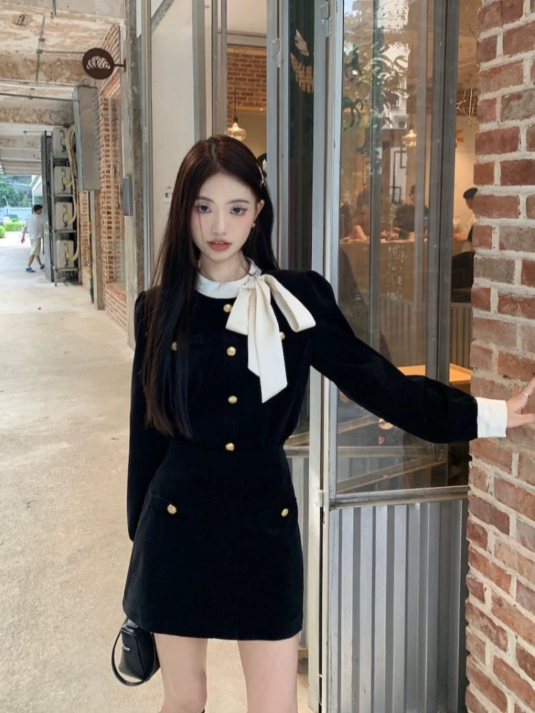小香风套装裙两件套蝴蝶结灯芯绒外套富家千金女秋冬高腰半身短裙