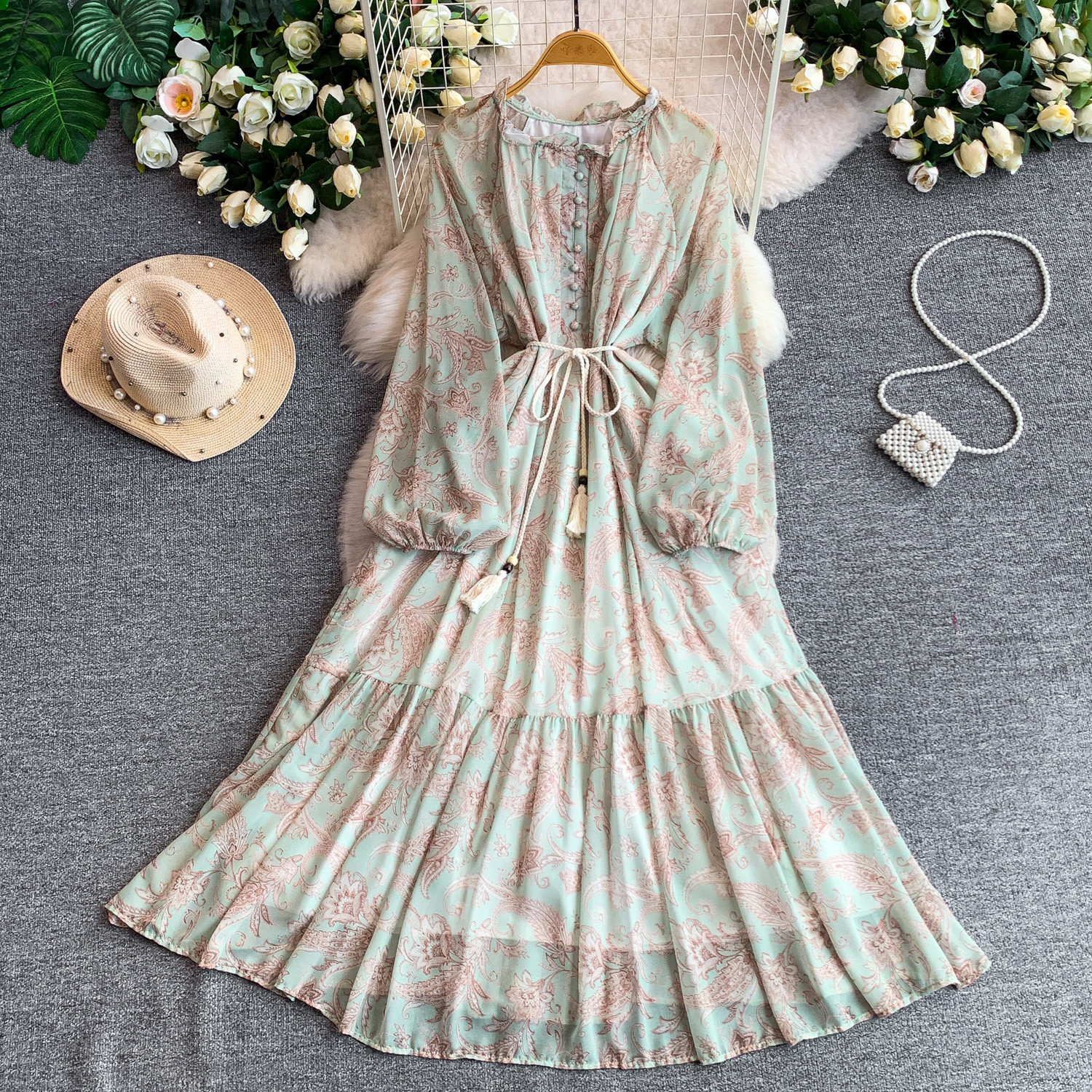 Elegant French Style Long Sleeve Dress Ruffled Collar Rope Waist Cinching Chiffon Printed Maxi Summer Retro Dress_ecoleips.com