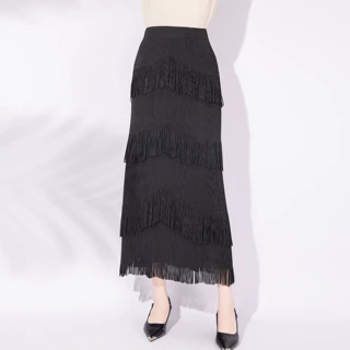 设计感四层V形流苏半身长裙竖褶肌理高腰显瘦通勤气质百搭半身裙
