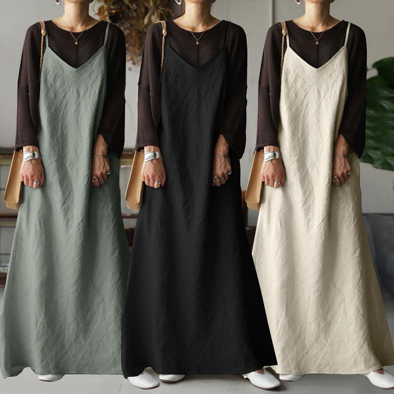 2023 Women Casual Loose Solid Skirt V Neck Backless Sexy Long Dress Sleeveless Women's Party Dress