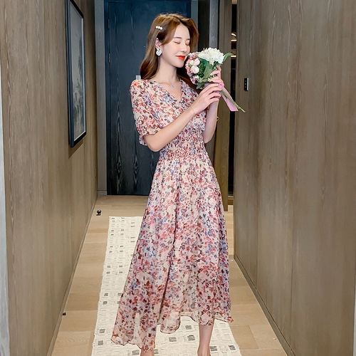 Puff sleeves sweet forest chiffon dress mid-length dress bubble chiffon summer high waist new French style