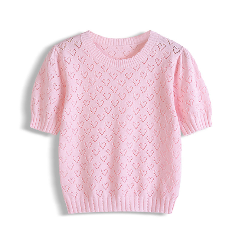 Coreano amor hueco niños camisetas de punto de algodón verano delgada camiseta de manga corta camiseta de niñas al por mayor transfronterizo