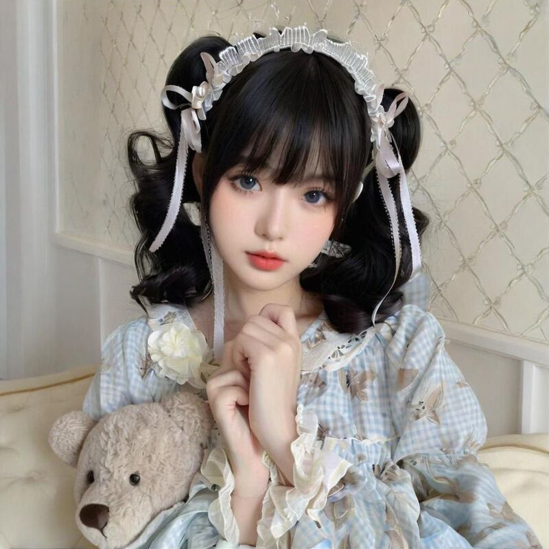 Wig Female Headgear with Bangs Lolita Harajuku Doll-Like Roman Curly Tiger Mouth Clip Double Ponytail Full Headgear