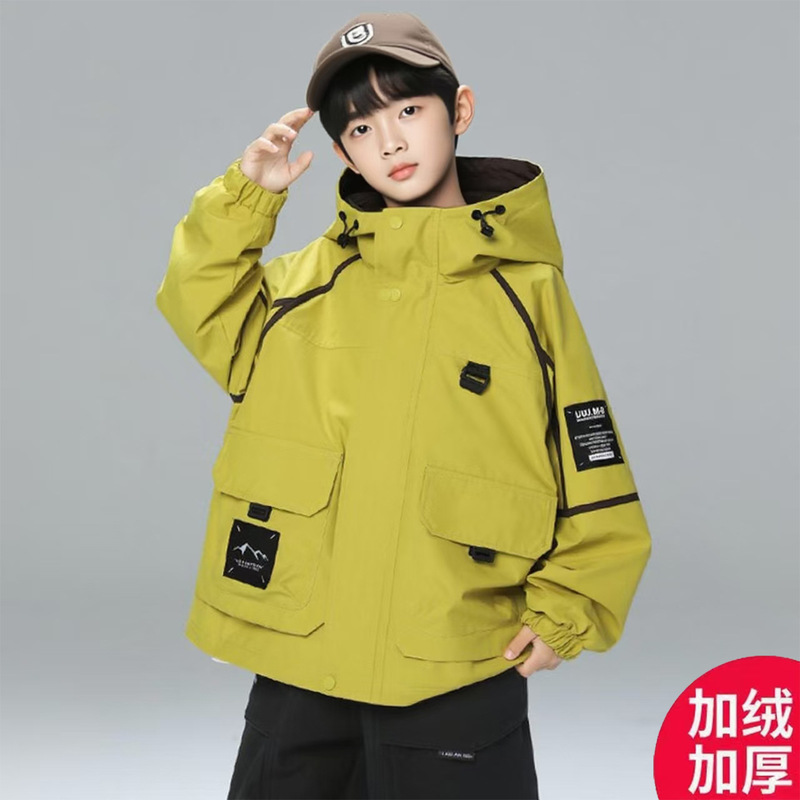 Boys' Winter Fleece-Lined Thick Parka Jacket Children's Autumn and Winter Warm Windbreaker for Older Kids Winter Cotton Coat