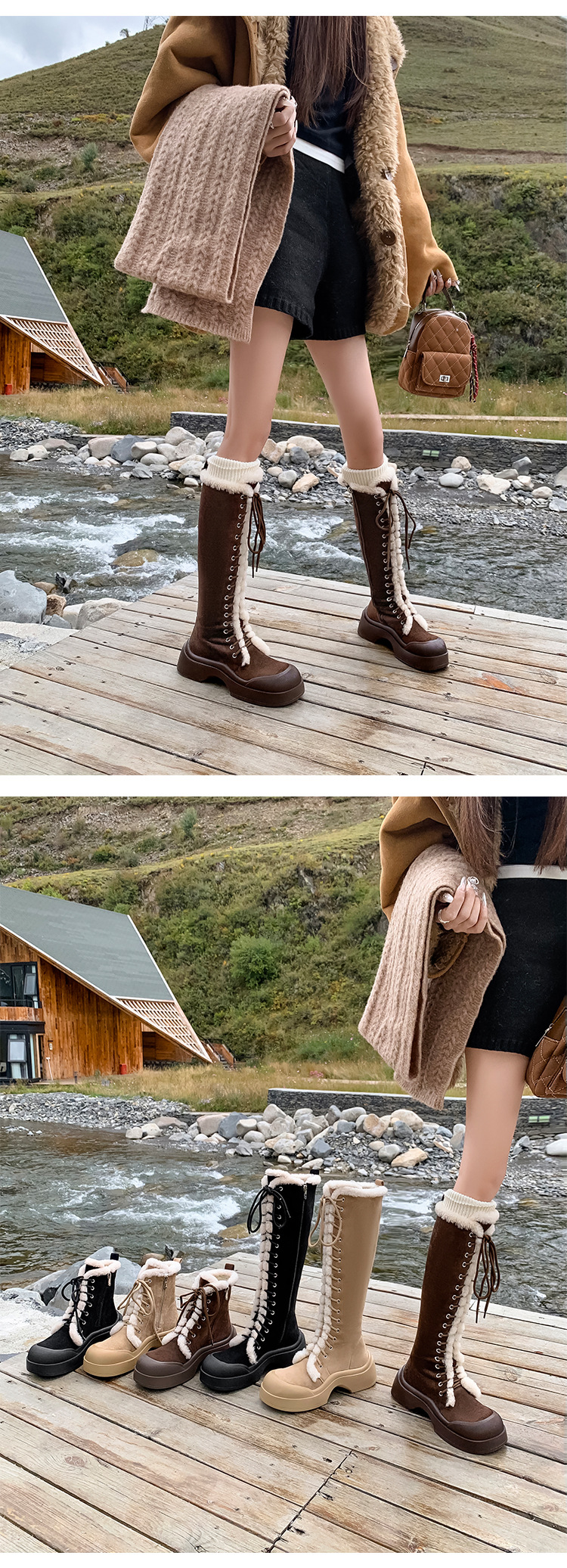 Boot nữ cổ cao lông dày ấm áp, dây buộc phong cách hiệp sĩ, đế chống trượt mùa đông — màu nâu chi tiết 11