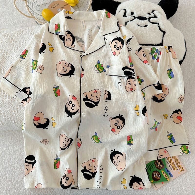 Korean Foreign Trade Summer Couple Pajamas for Women and Men, Cloud Cotton Cardigan, Short-Sleeved Shorts, Cartoon Home Wear Set Korean Foreign Trade Summer Couple Pajamas for Women and Men, Cloud Cotton Cardigan, Short-Sleeved Shorts, Cartoon Home Wear Set
