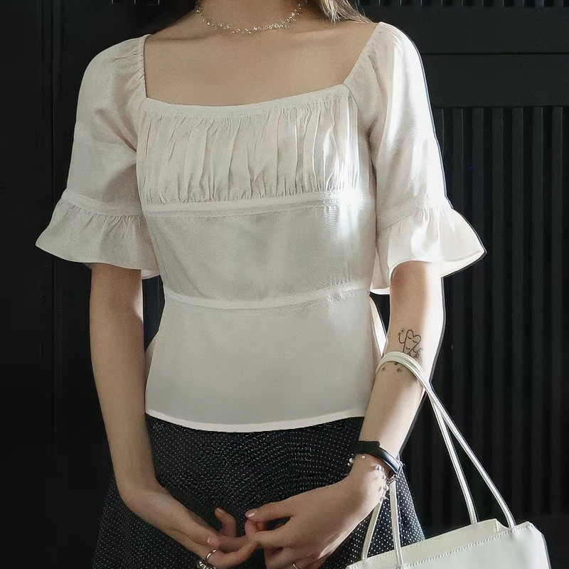 Acetate French-Style Puff Sleeve Slim-Fit Flattering Stylish Patchwork Short-Sleeve Shirt for Women, New Summer Square-Neck Top Trendy