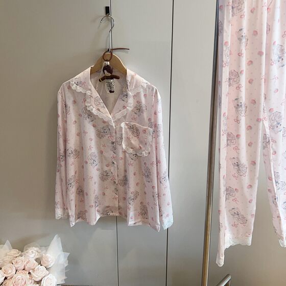 Strawberry Kitty Lace Long Sleeve Pajamas Women's Spring and Autumn Cartoon Cardigan Loose suit Outfit Home Clothes