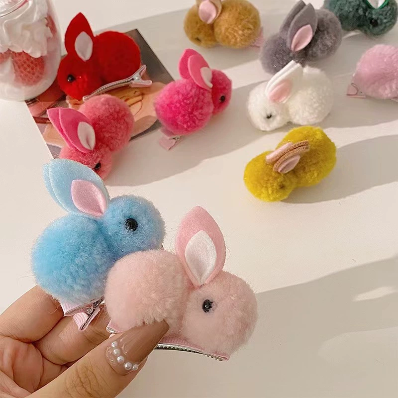 Demi-season cute plush three dimensional rabbit, cartoon hairgrip, children's hair rope, wholesale