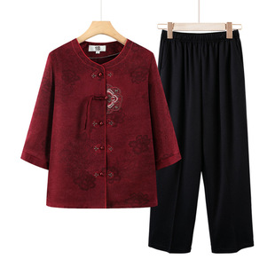 Grandma Summer Dress National Style Shirt Women's Middle-aged and Elderly Women's Clothing Summer suit Mother's Seven-Sleeve Top Elegant Top